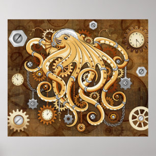 Póster Pulpo Steampunk Retro Fantasía Mecánica