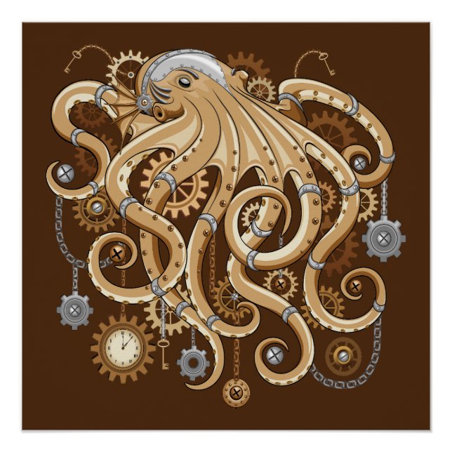 Póster Pulpo Steampunk Retro Fantasía Mecánica (Anverso)