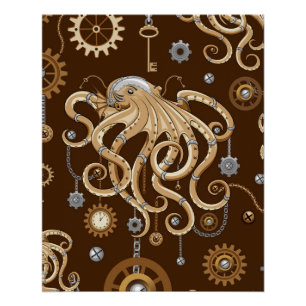 Póster Pulpo Steampunk Retro Fantasía Mecánica