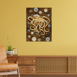 Póster Pulpo Steampunk Retro Fantasía Mecánica