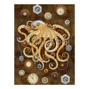 Póster Pulpo Steampunk Retro Fantasía Mecánica