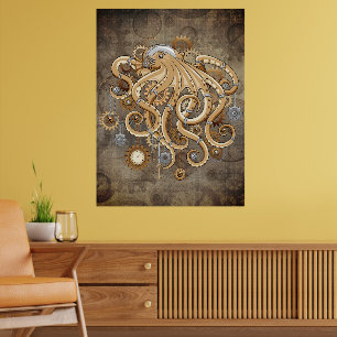 Póster Pulpo Steampunk Retro Fantasía Mecánica