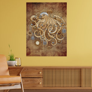 Póster Pulpo Steampunk Retro Fantasía Mecánica