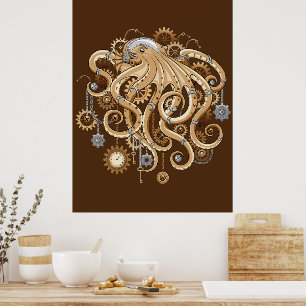 Póster Pulpo Steampunk Retro Fantasía Mecánica