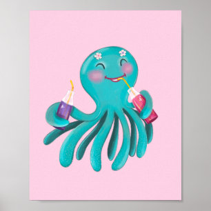 Póster Pulpo Turquesa Adorable Bebiendo Jugo Gráfico 