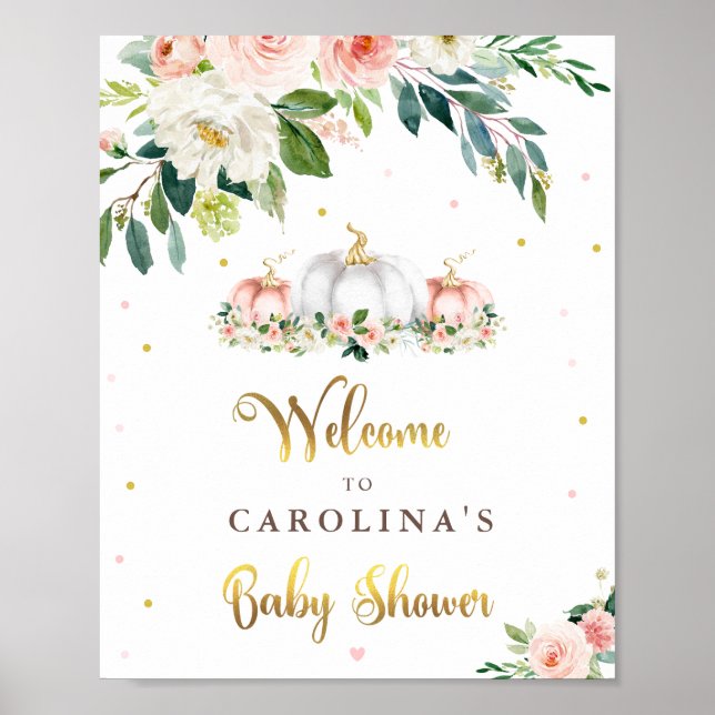 Póster Pumpkin Baby Shower Blush Pink And Gold Welcome (Frente)