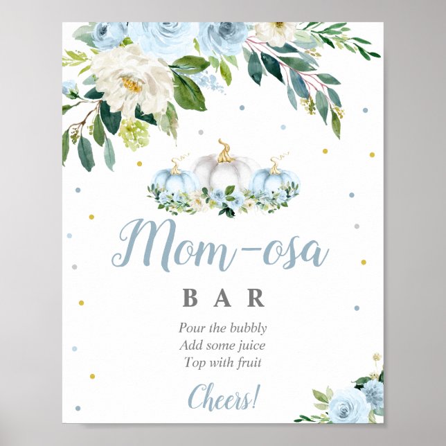 Póster Pumpkin Baby Shower Boy Fall Blue Mom-osa Bar Sign (Frente)