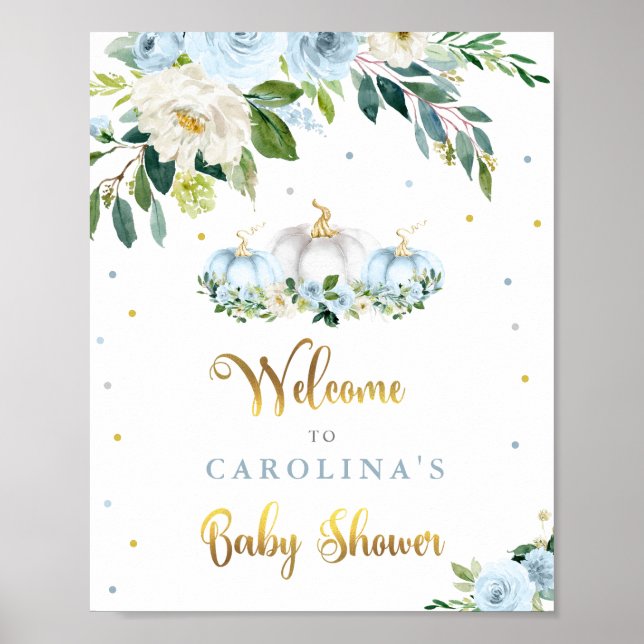 Póster Pumpkin Baby Shower Boy Fall Blue Pumpkin Welcome (Frente)