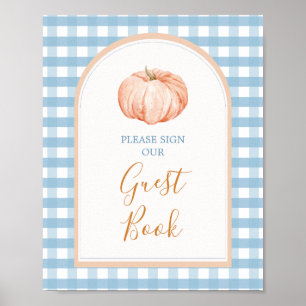 Póster Pumpkin Boho Blue Gingham Guest Book