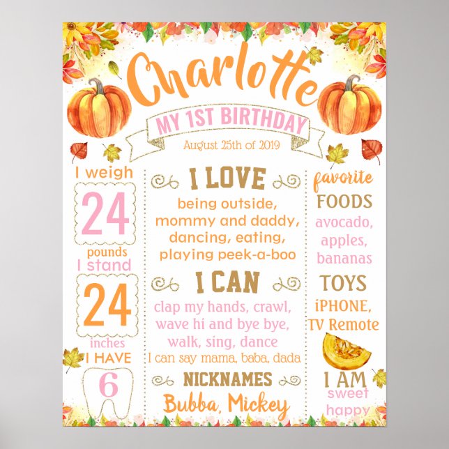 Póster Pumpkin Fall Autumn Halloween Birthday sign (Frente)