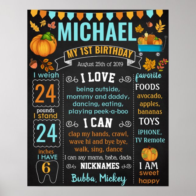 Póster Pumpkin Harvest blue truck Birthday sign (Frente)