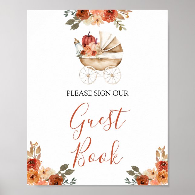 Póster Pumpkin Stroller Floral Baby Shower Guest Book (Frente)