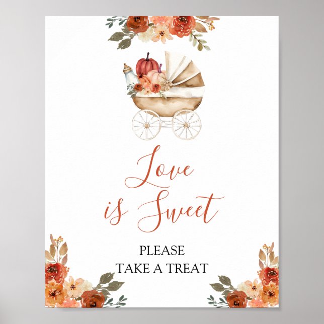 Póster Pumpkin Stroller Floral Baby Shower Love is Sweet (Frente)