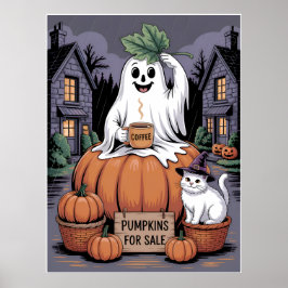 Póster Pumpkins For Sale & Caffeine Ghost & Cat V2