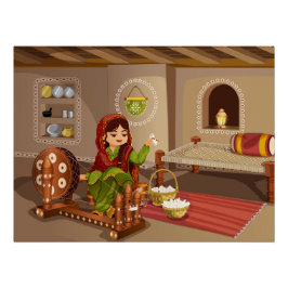 Póster Punjabi mujer Spinnig Charkha - Estilo de vida rur