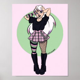 Póster Punk adolescente Chica Manga verde rosa Ilustracio