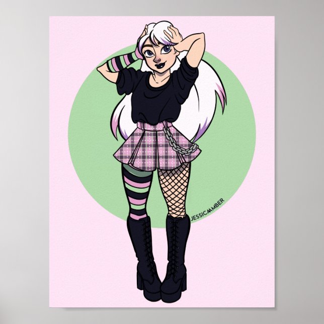 Póster Punk adolescente Chica Manga verde rosa Ilustracio (Frente)