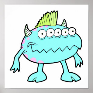 Póster punk azul mohawk monstruo muchos ojos
