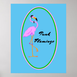 Póster Punk gracioso Flamingo rosa en Verde azulado