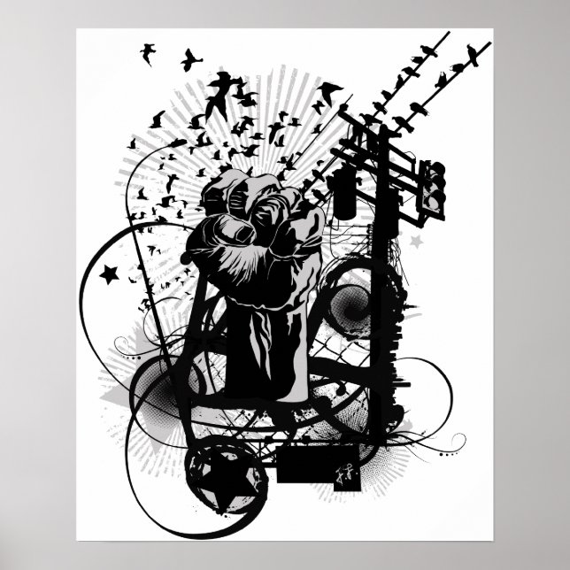 Póster ¡Puño urbano ilustrado con cuerdas, graffiti, etc! (Frente)