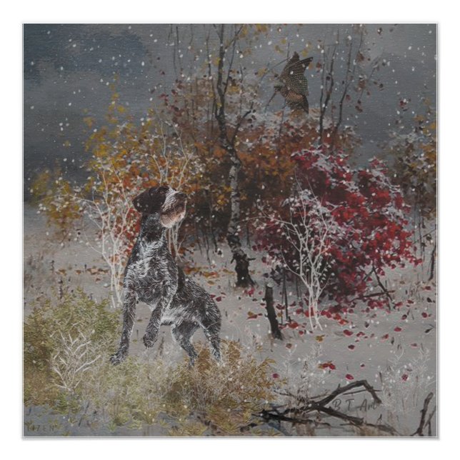 Póster Puntero alambrado alemán con gallo de madera en in (Anverso)