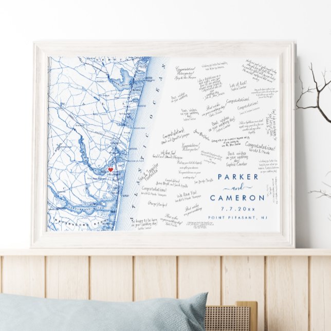 Póster Punto Agradable Boda NJ Mapa Poster del libro invi (Point Pleasant NJ Map Wedding guest book poster in modern navy blue from Coastal Map Designs)