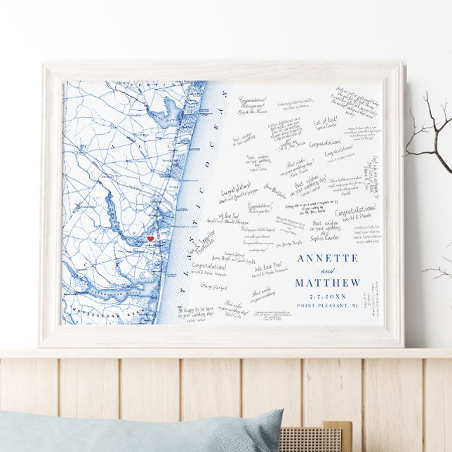 Póster Punto Agradable Boda NJ Mapa Poster del libro invi (Point Pleasant NJ Map Wedding guest book poster in elegant navy blue from Coastal Map Designs)