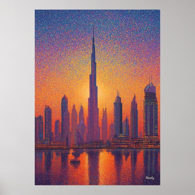 Póster Punto de Dubaí Burj Khalifa Puntoilismo Silueta At (Frente)