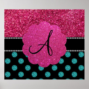 Póster Puntos de polka rosa y turquesa monogramo