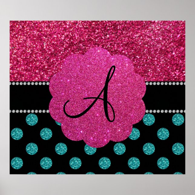 Póster Puntos de polka rosa y turquesa monogramo (Frente)
