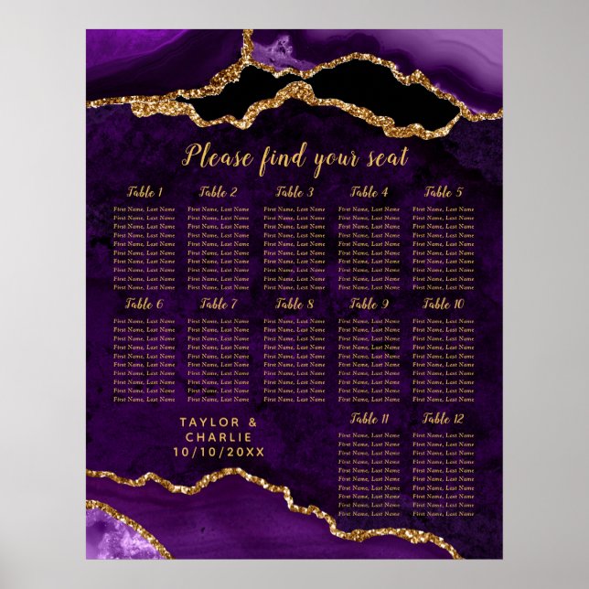 Póster Purple and Gold Agate Wedding Seating Chart (Frente)