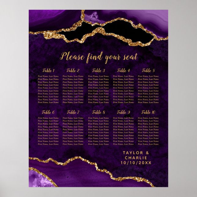 Póster Purple and Gold Agate Wedding Seating Chart (Frente)