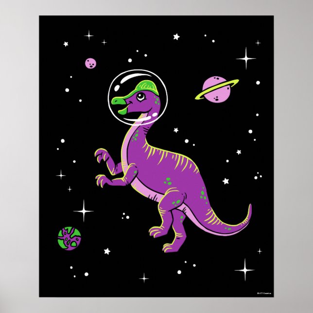 Póster Purple And Green Corythosaurus Dinos In Space (Frente)