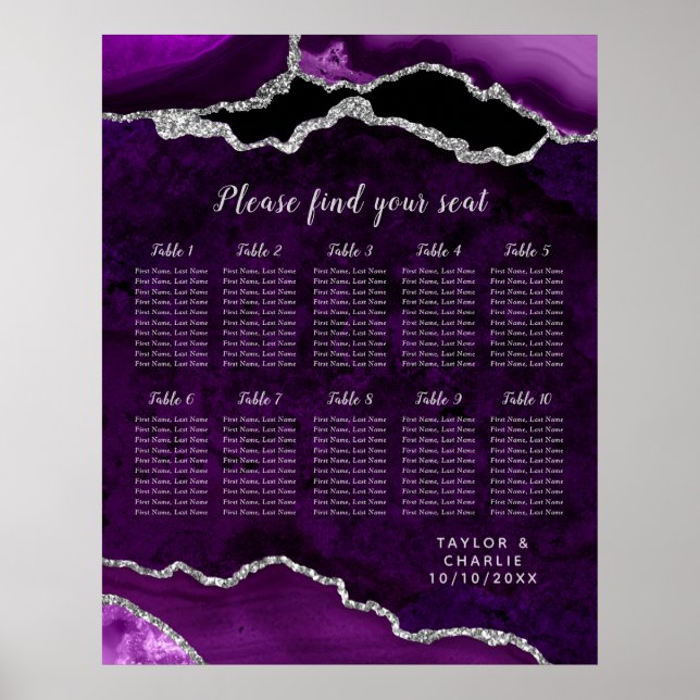 Póster Purple and Silver Agate Wedding Seating Chart (Frente)