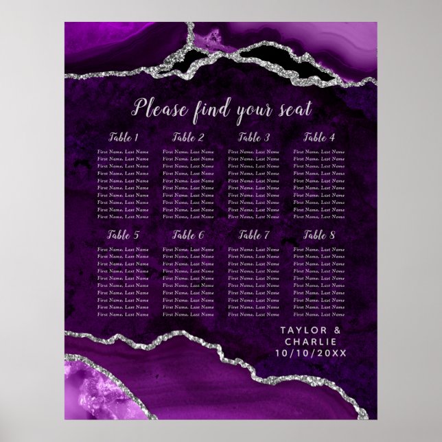 Póster Purple and Silver Agate Wedding Seating Chart (Frente)