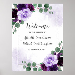 Póster Purple and Silver Floral Boho Wedding Welcome Sign