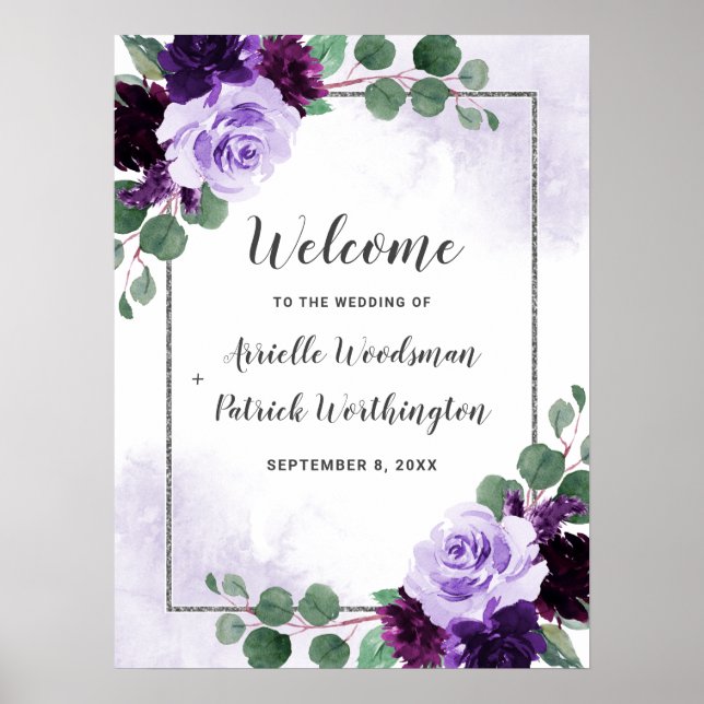 Póster Purple and Silver Floral Boho Wedding Welcome Sign (Frente)