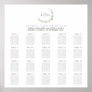 Póster Purple berries green leaves 20 wedding tables plan