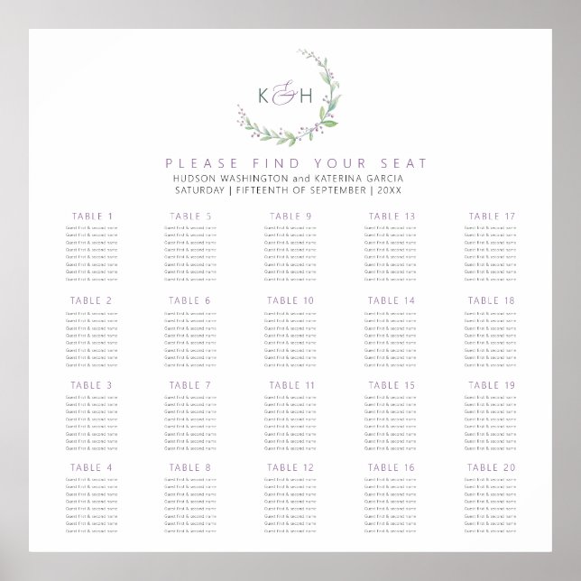 Póster Purple berries green leaves 20 wedding tables plan (Frente)