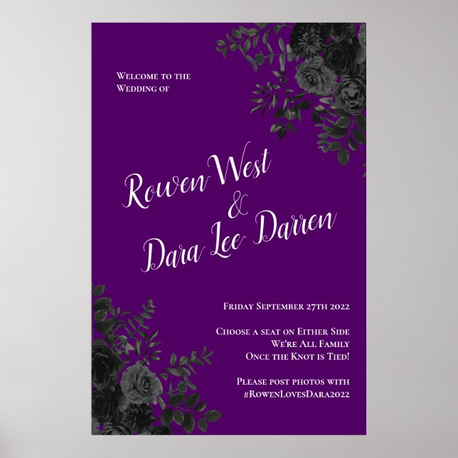 Póster Purple & Black Rose Gothic Wedding Ceremony Sign (Frente)