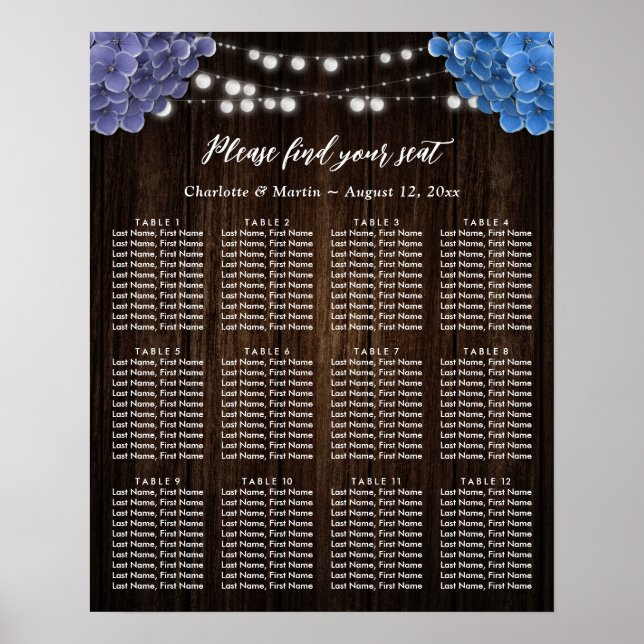 Póster Purple Blue Floral Wedding Seating Chart 12 (Frente)
