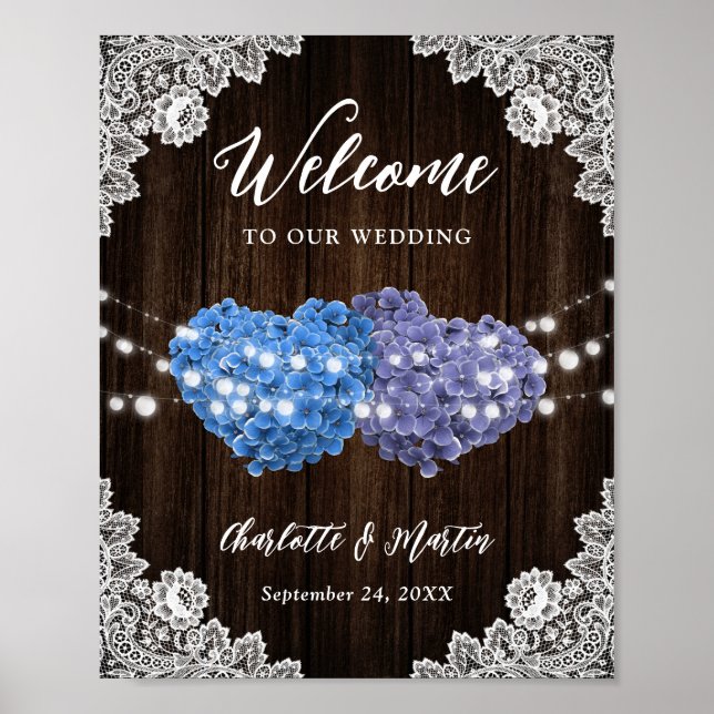 Póster Purple Blue Rustic Wood Lace Wedding Welcome Sign (Frente)