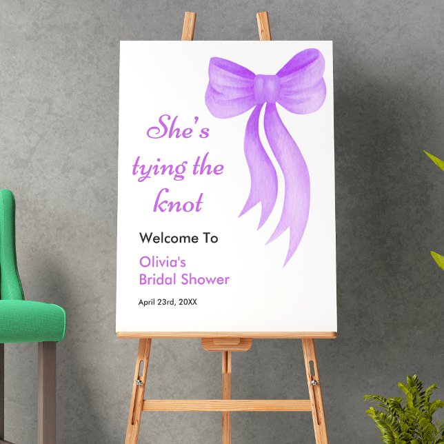 Póster Purple Bow She's Tying the Knot Bridal Shower  (Purple Bow She's Tying the Knot Bridal Shower Welcome Sign )