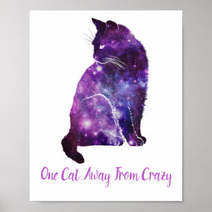 Póster Purple Cat Space Nebula, One Cat Away From Crazy