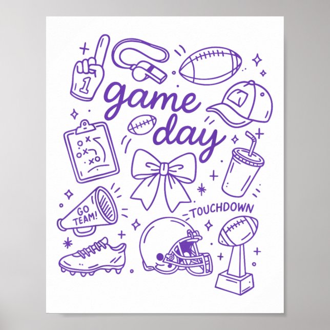 Póster Purple Coquette Bow Cheer Game Day Doodle Touchdow (Frente)