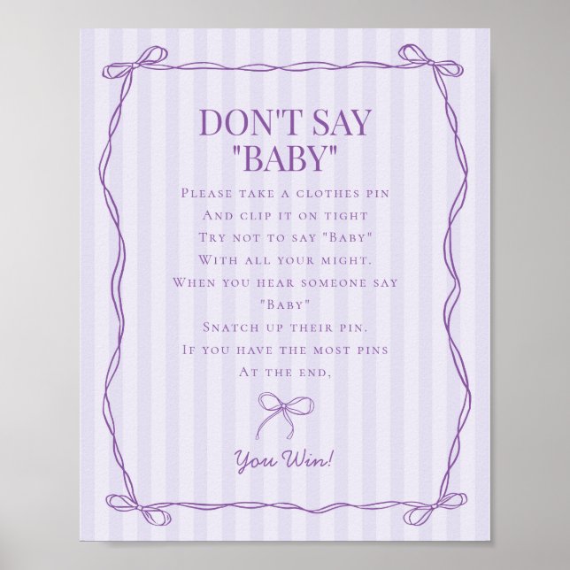 Póster Purple Coquette Bow no dice juego de Baby Shower (Frente)