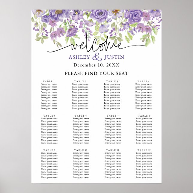 Póster Purple dreams stylish florals Seating Chart (Frente)