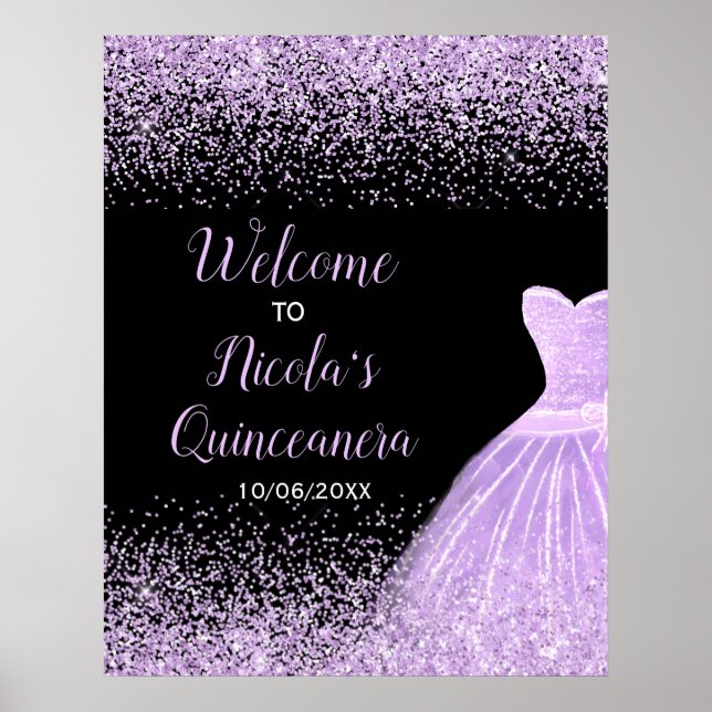 Póster Purple Dress Faux Glitter Quinceanera Welcome (Frente)