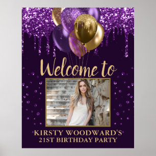 Póster Purple Dripping Glitter & Gold Balloons Birthday
