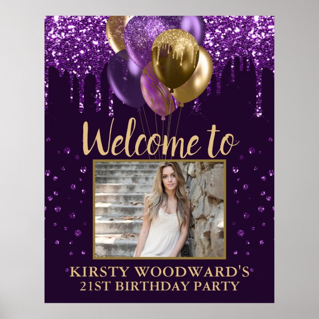 Póster Purple Dripping Glitter & Gold Balloons Birthday (Frente)